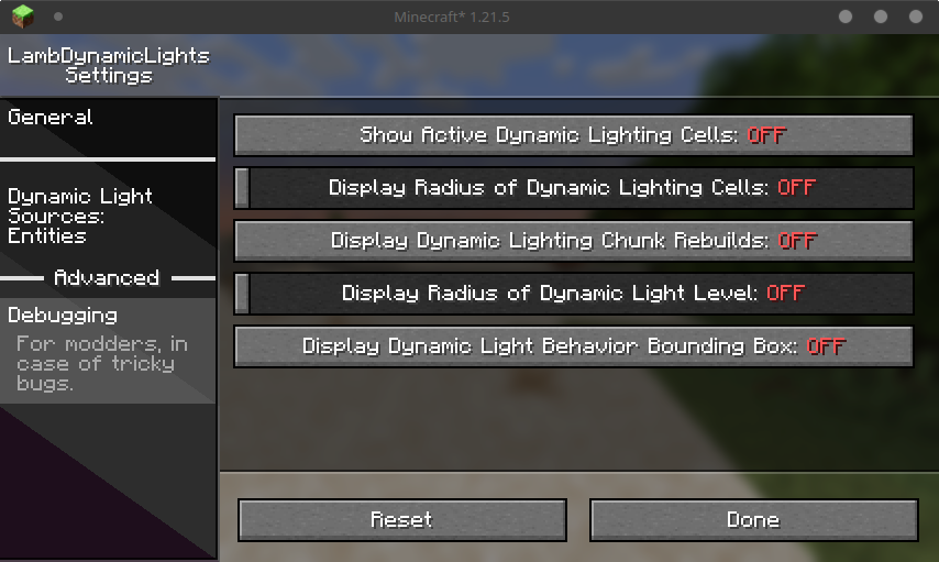 Debug Settings Screenshot