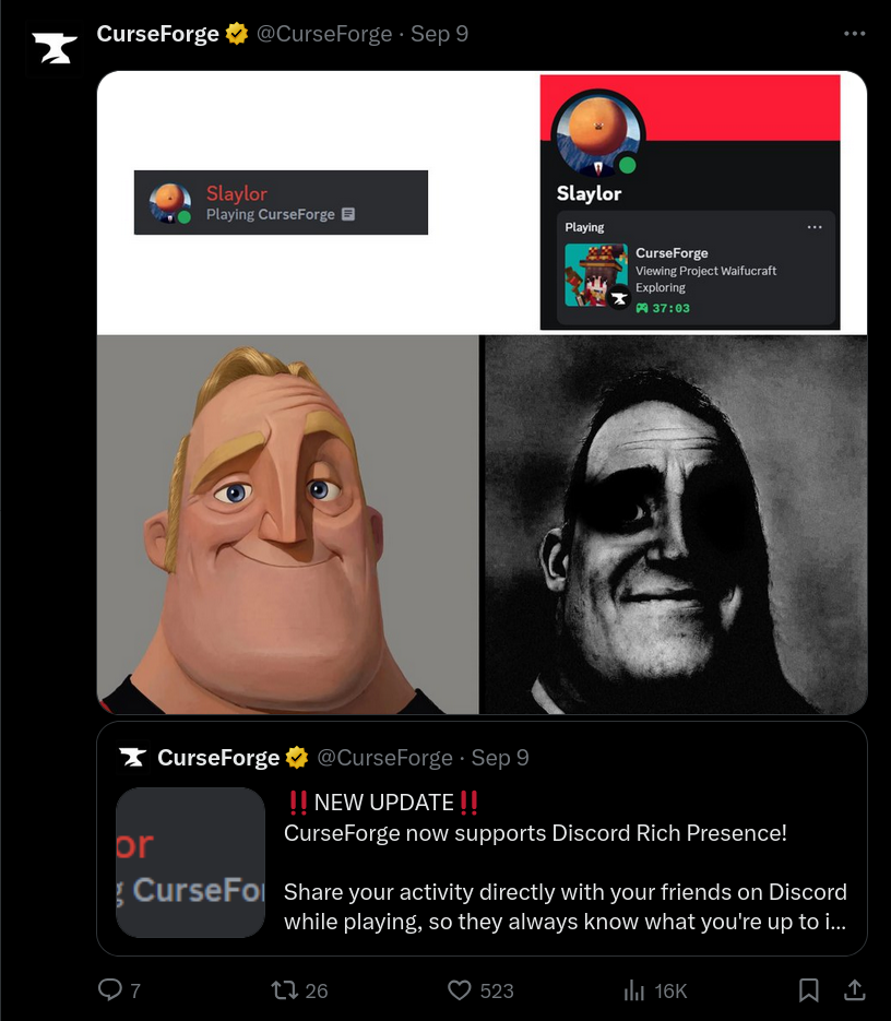 A screenshot from Twitter of CurseForge's tweet with a meme about seeing the rich presence of someone playing a lewd mod.